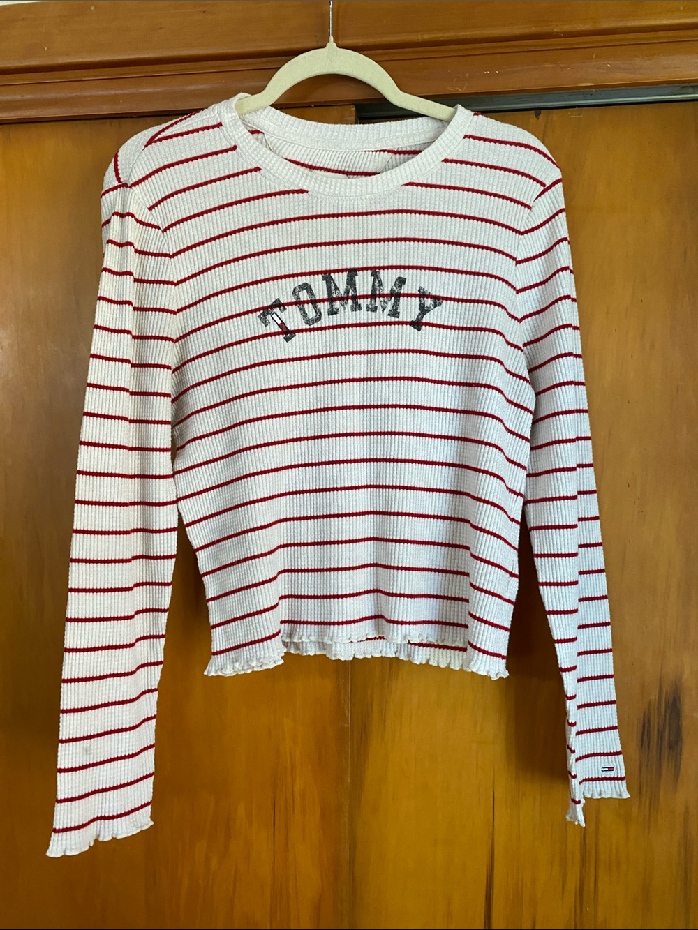 Tommy Hilfiger White & Red Striped Waffle Knit Long Sleeve Thermal Tee Retro